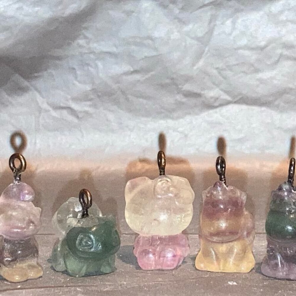 3 Carved Crystal Fluorite Mini Charms Pendants Smurf and Unicorn Characters